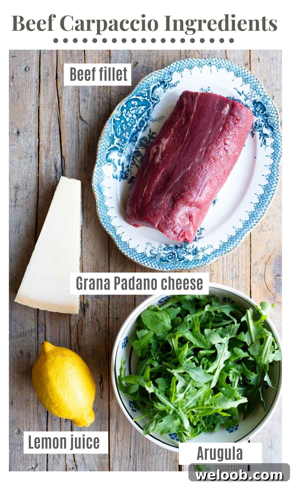 An overhead shot of all the ingredients needed to make a classic beef carpaccio.