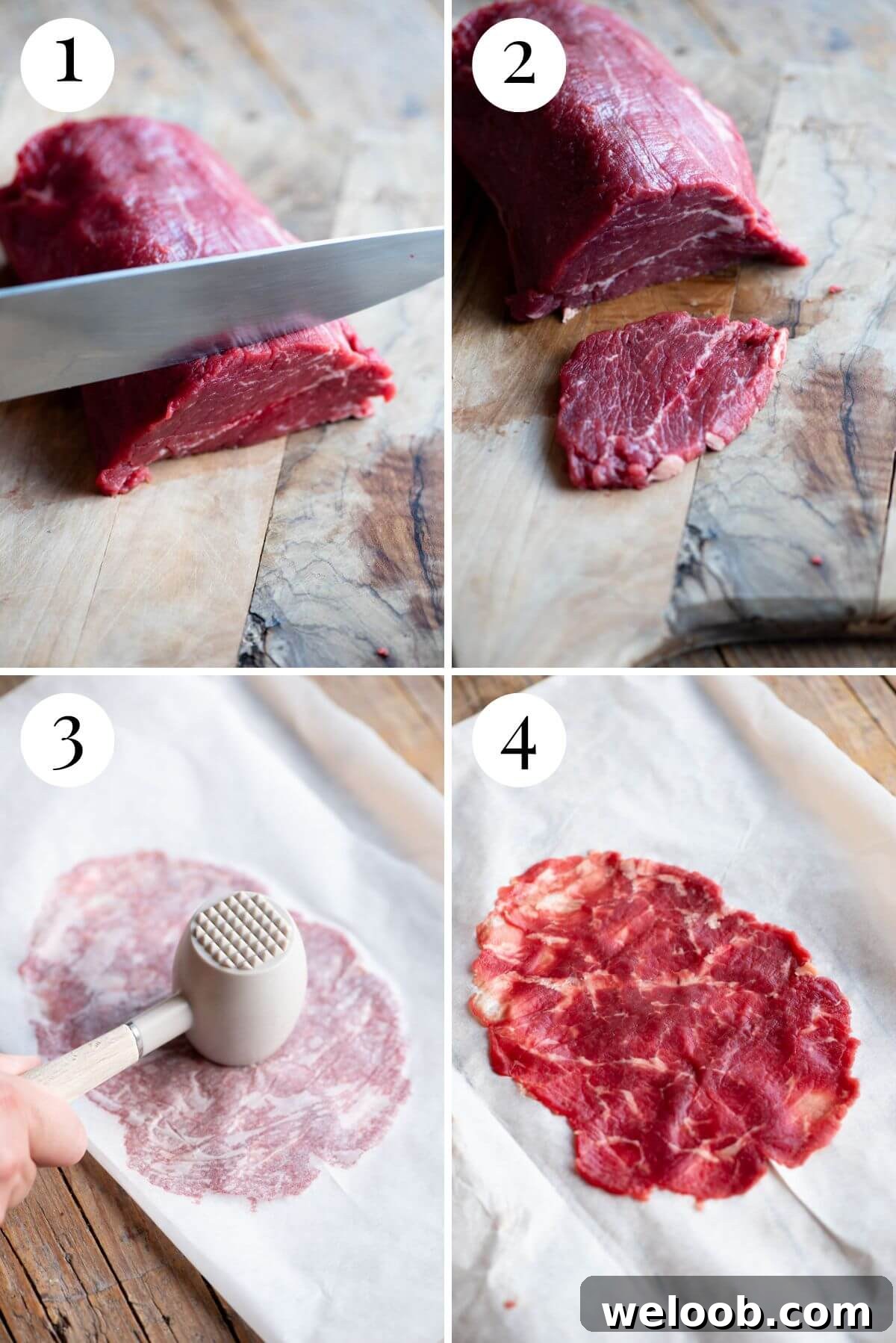 Four photos in a collage showing how to cut and bash beef fillet to make carpaccio.