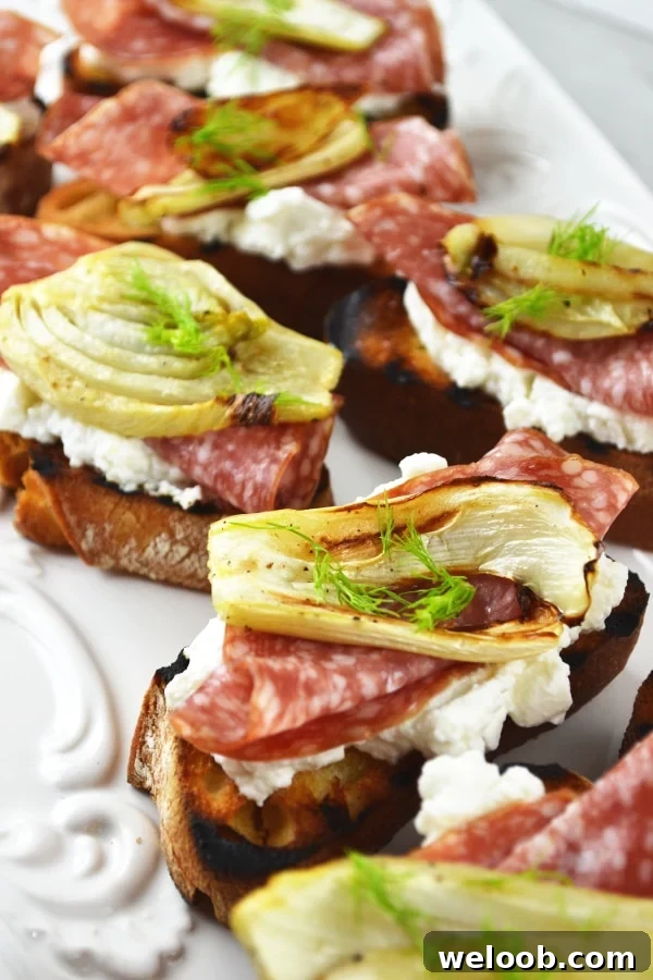 Roasted fennel, salami and ricotta crostini www.insidetherustickitchen.com