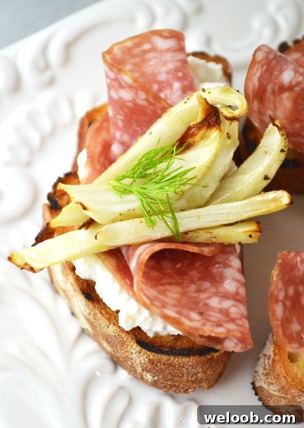 Roasted fennel, salami and ricotta crostini www.insidetherustickitchen.com