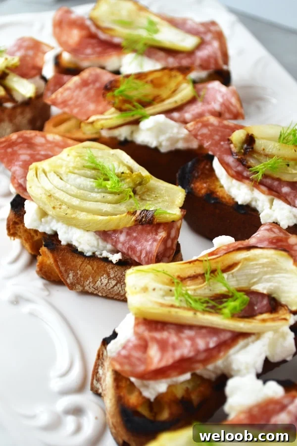 Roasted fennel, salami and ricotta crostini www.insidetherustickitchen.com