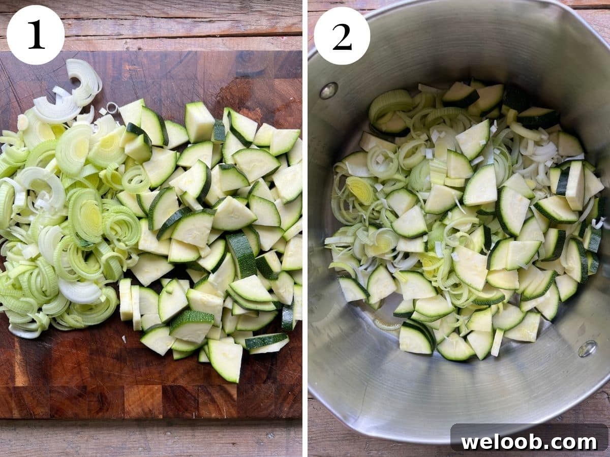 Two photos showing chopped zucchini and leek getting sautéed in a pot.
