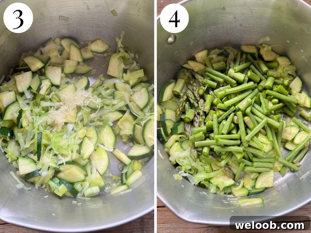 Two photos showing asparagus, garlic and green beans getting added.