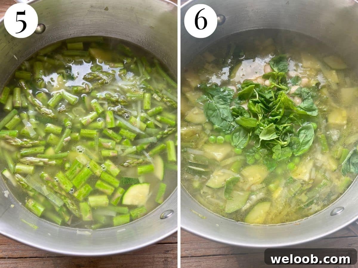 Two photos showing the final stages for making minestrone primavera.
