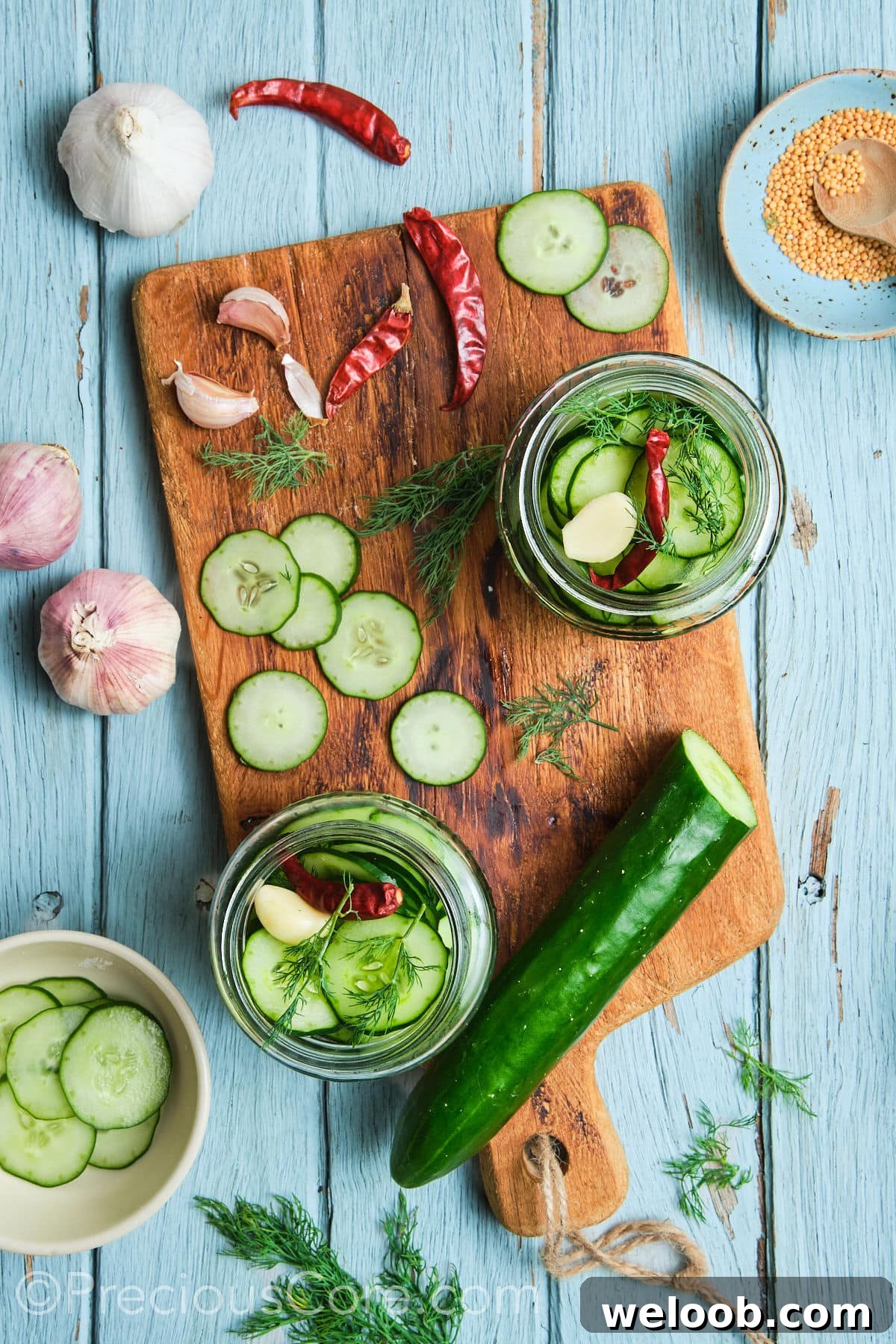 Sterilized jars with cucumber slices and other ingredients.