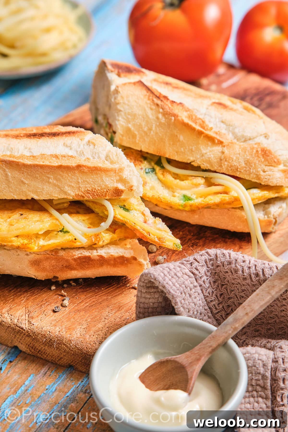 French baguette stuffed with spaghetti omelette and cut in half.