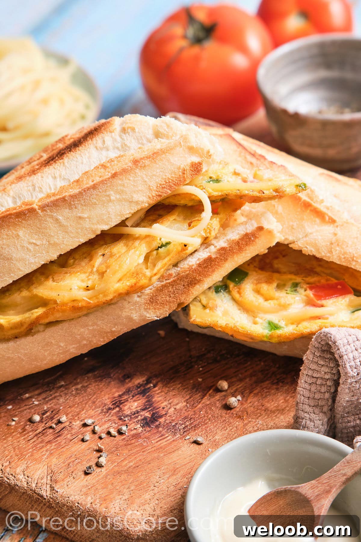 Spaghetti omelette sandwich cut in half.