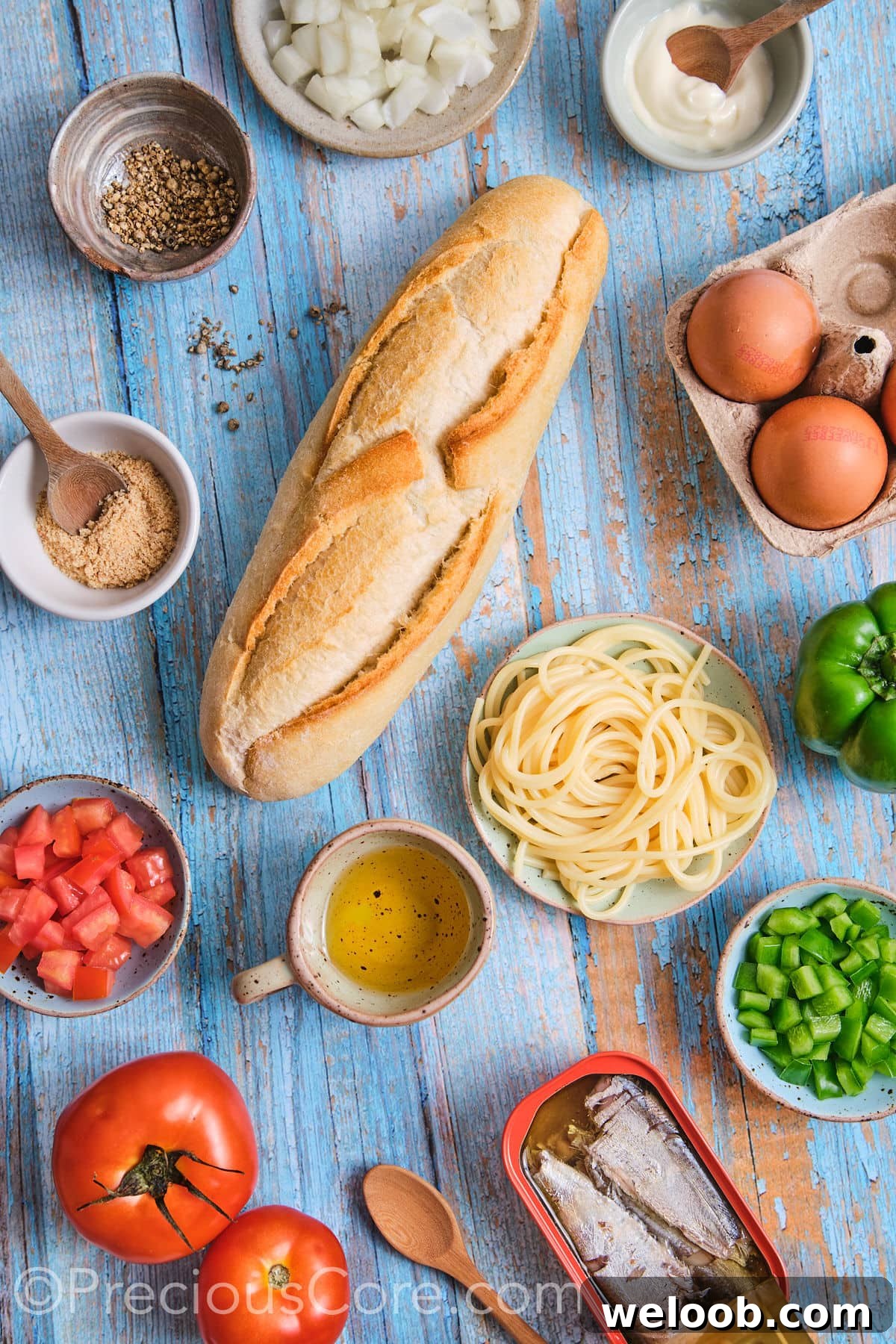 Ingredients for homemade spaghetti omelette sandwich.