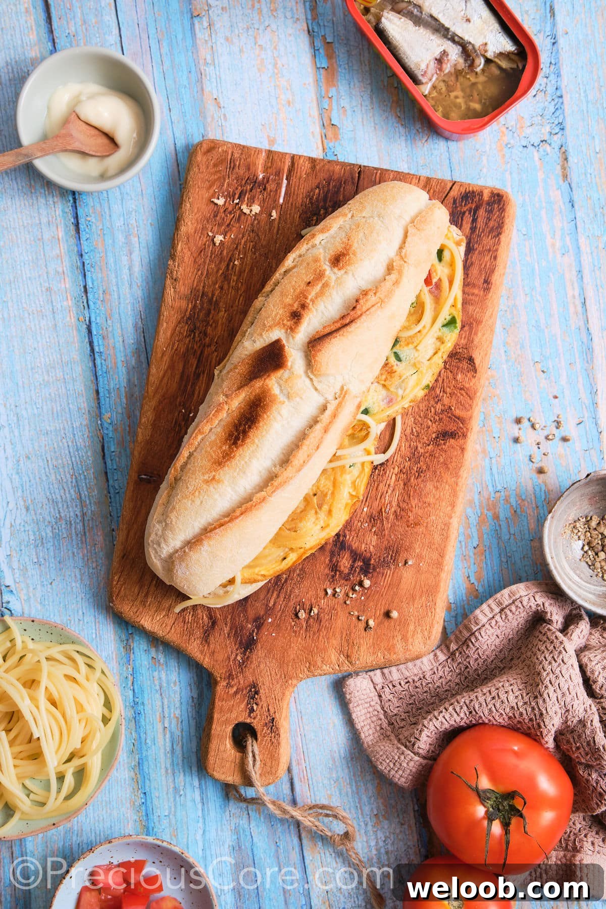 Covered spaghetti omelette sandwich.