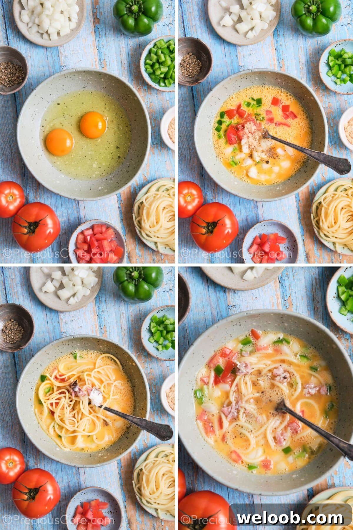 Step-by-step shots showing the assembling of spaghetti omelette mixture.