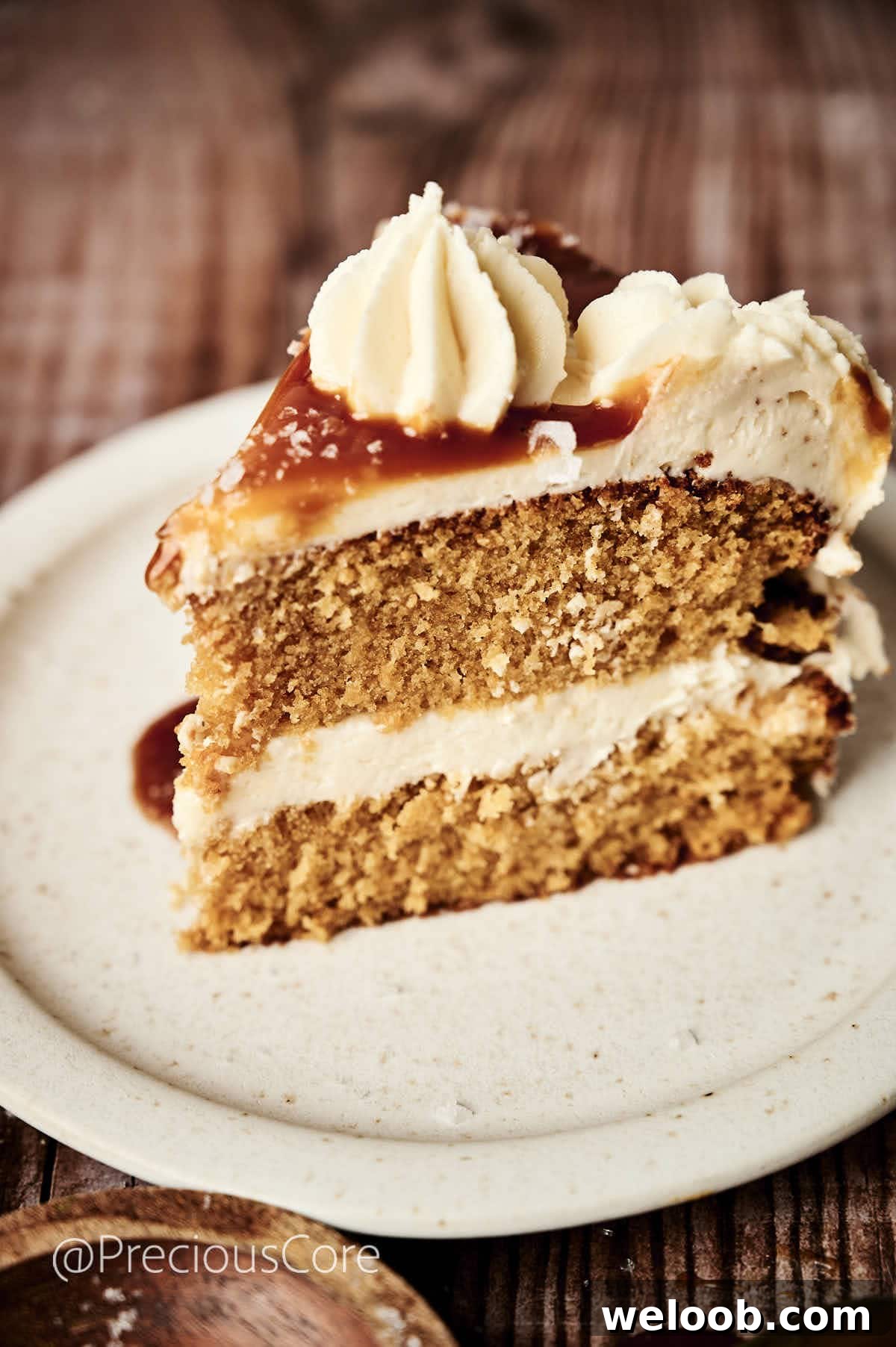 A slice of salted caramel cake.