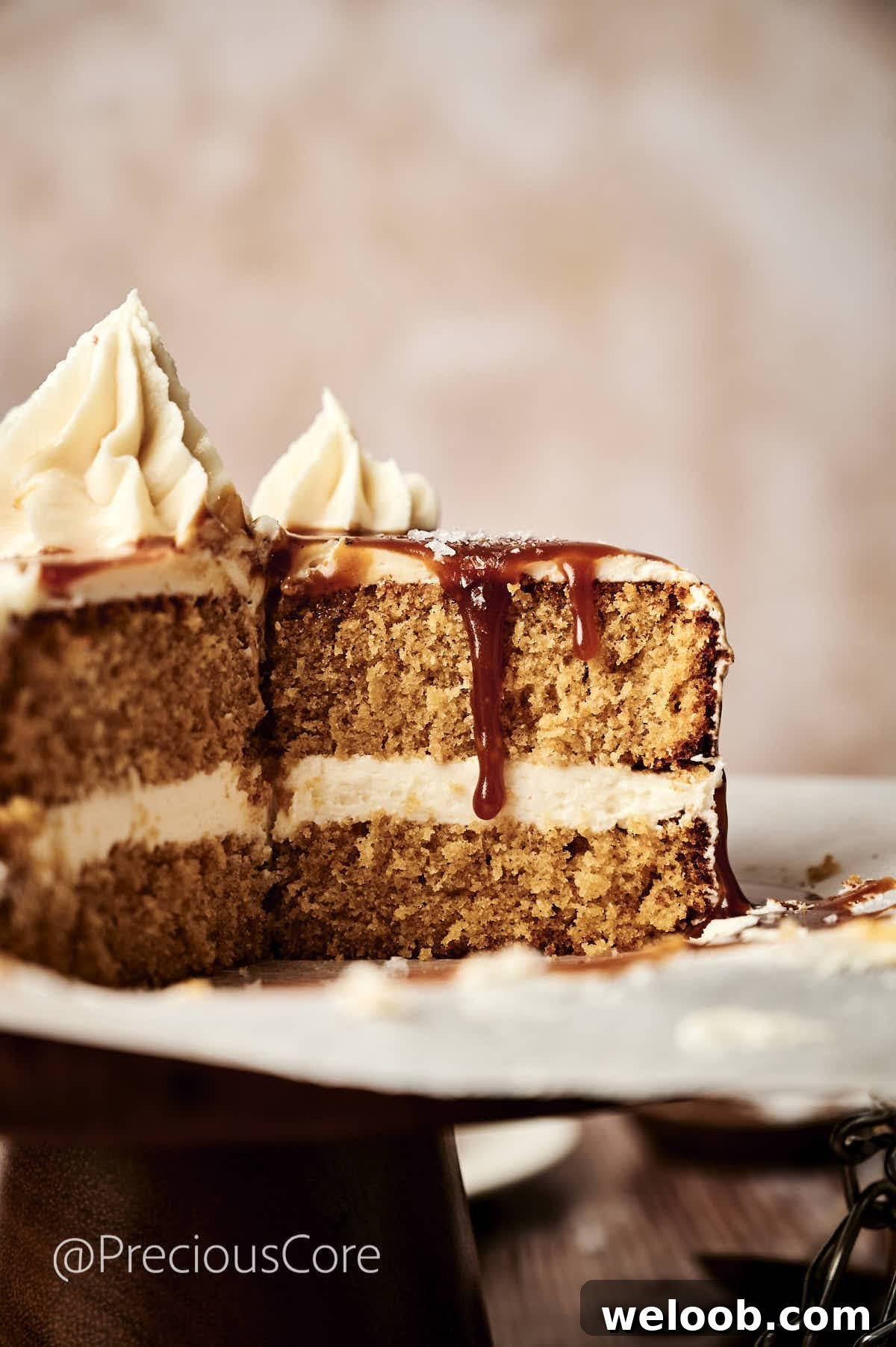 Salted caramel cake cut open.