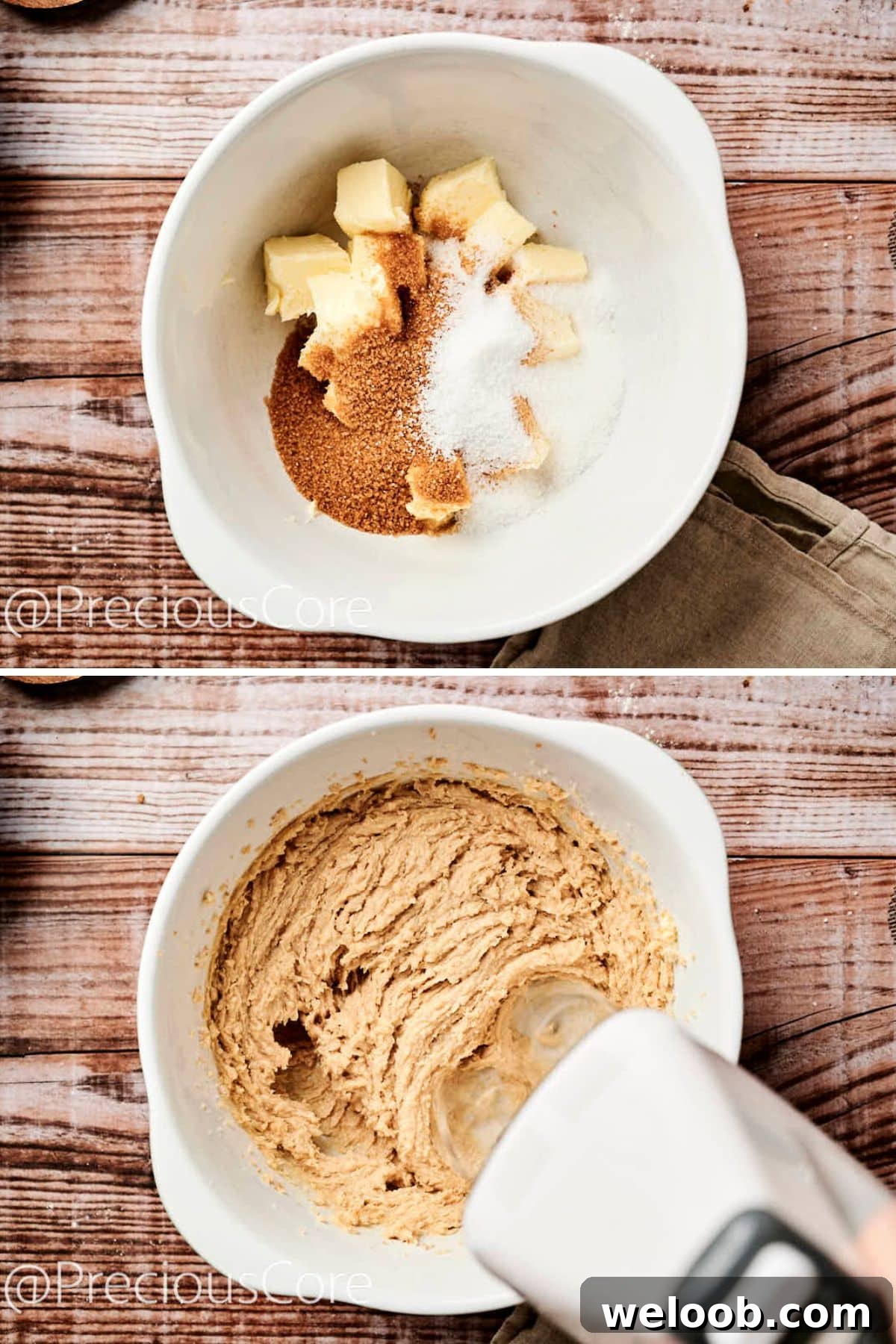 Creaming together butter, sugar, and caramel.