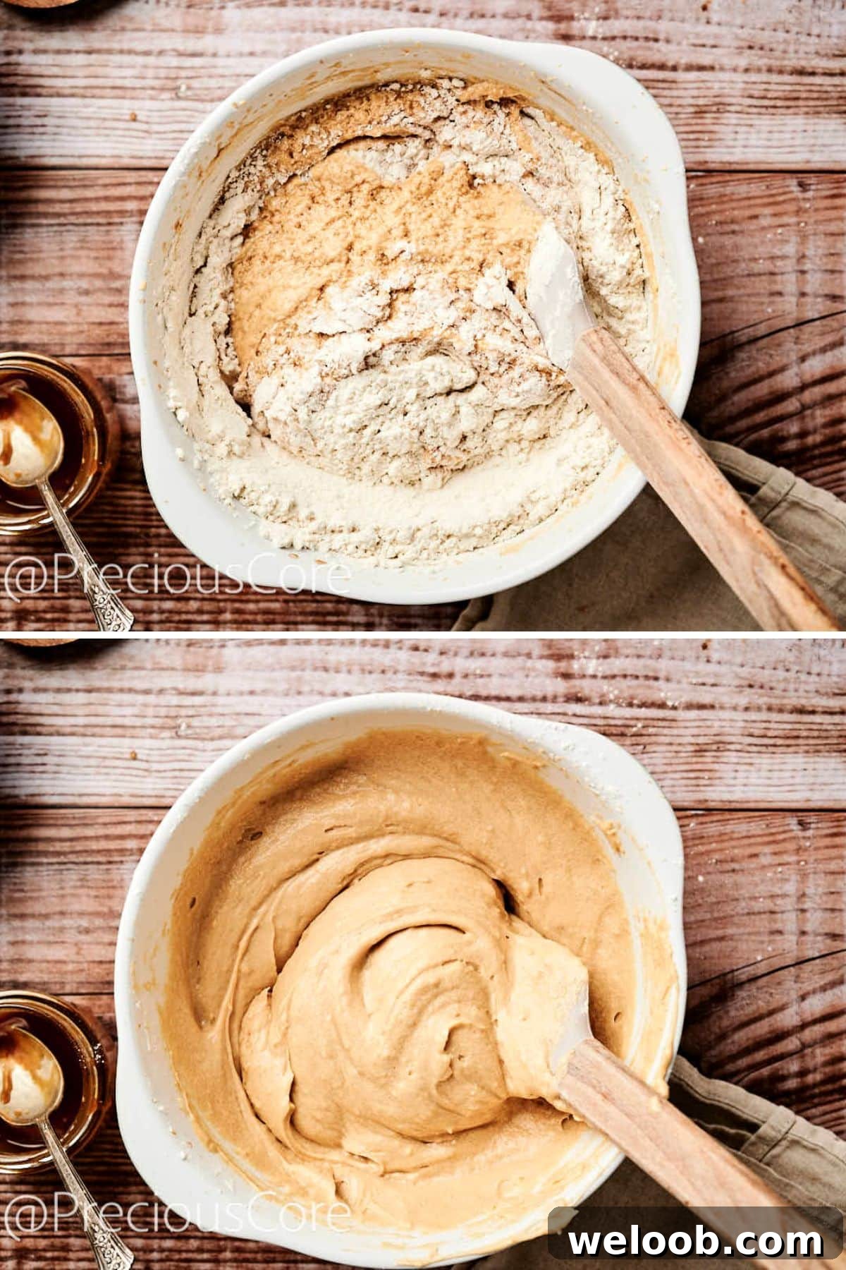 Adding flour to wet ingredients for cake.