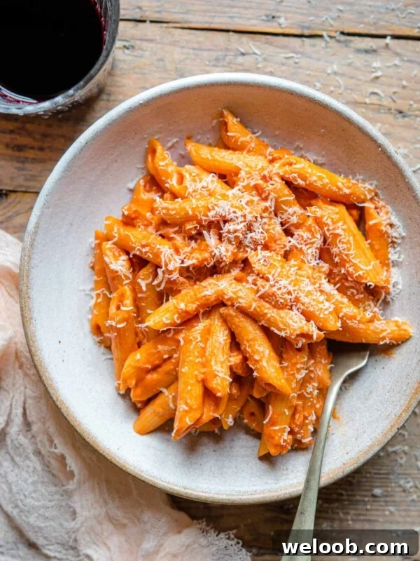 An overhead shot of penne alla vodka