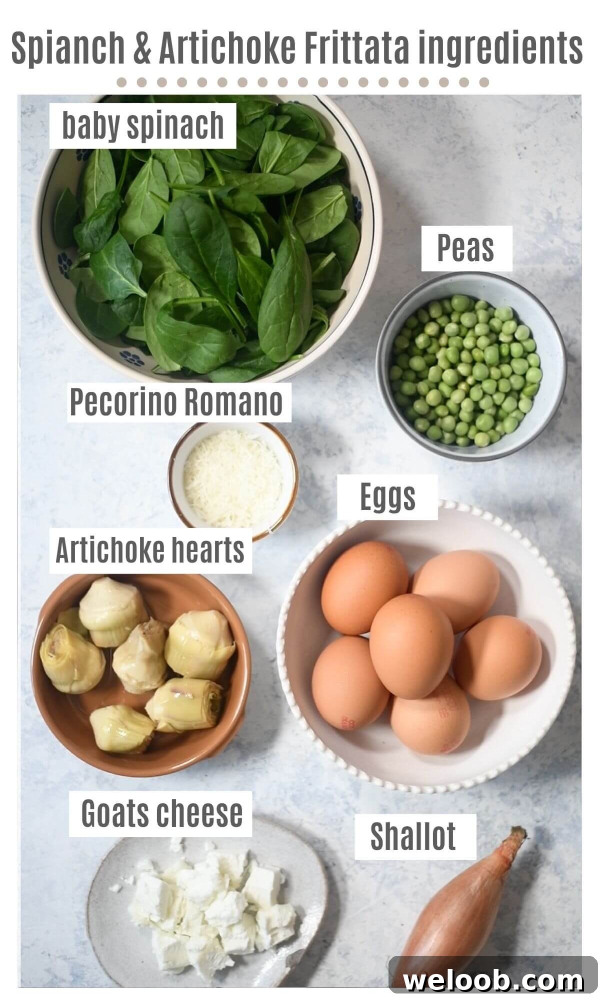 An overhead shot of all the ingredients needed to make a spinach and artichoke frittata.