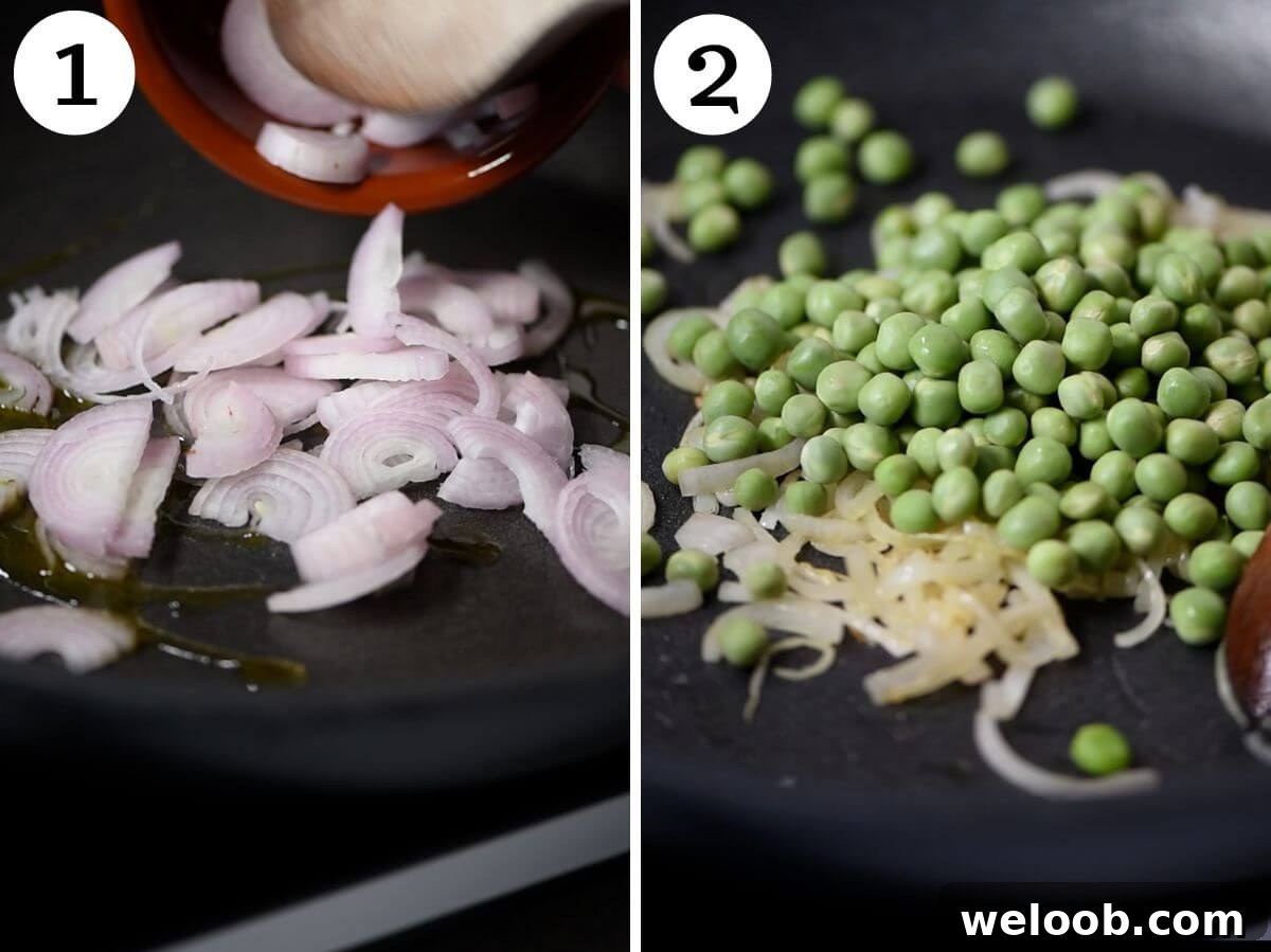 Two photos in a collage showing how to saute shallots and peas.