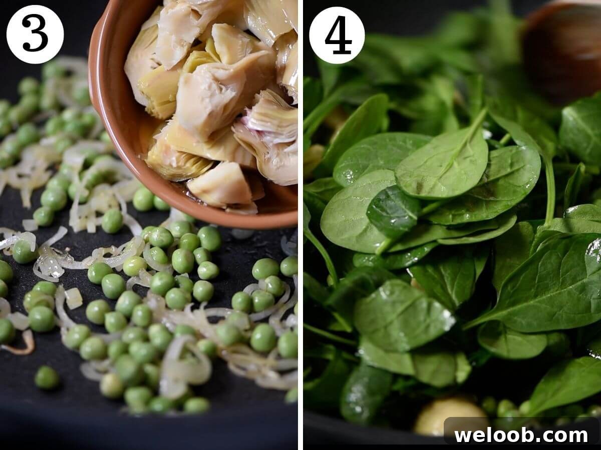 Two photos in a collage showing artichokes and spinach getting added to a frying pan.
