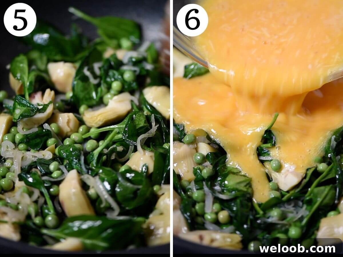 Two photos in a collage showing eggs being added to spinach and artichokes.