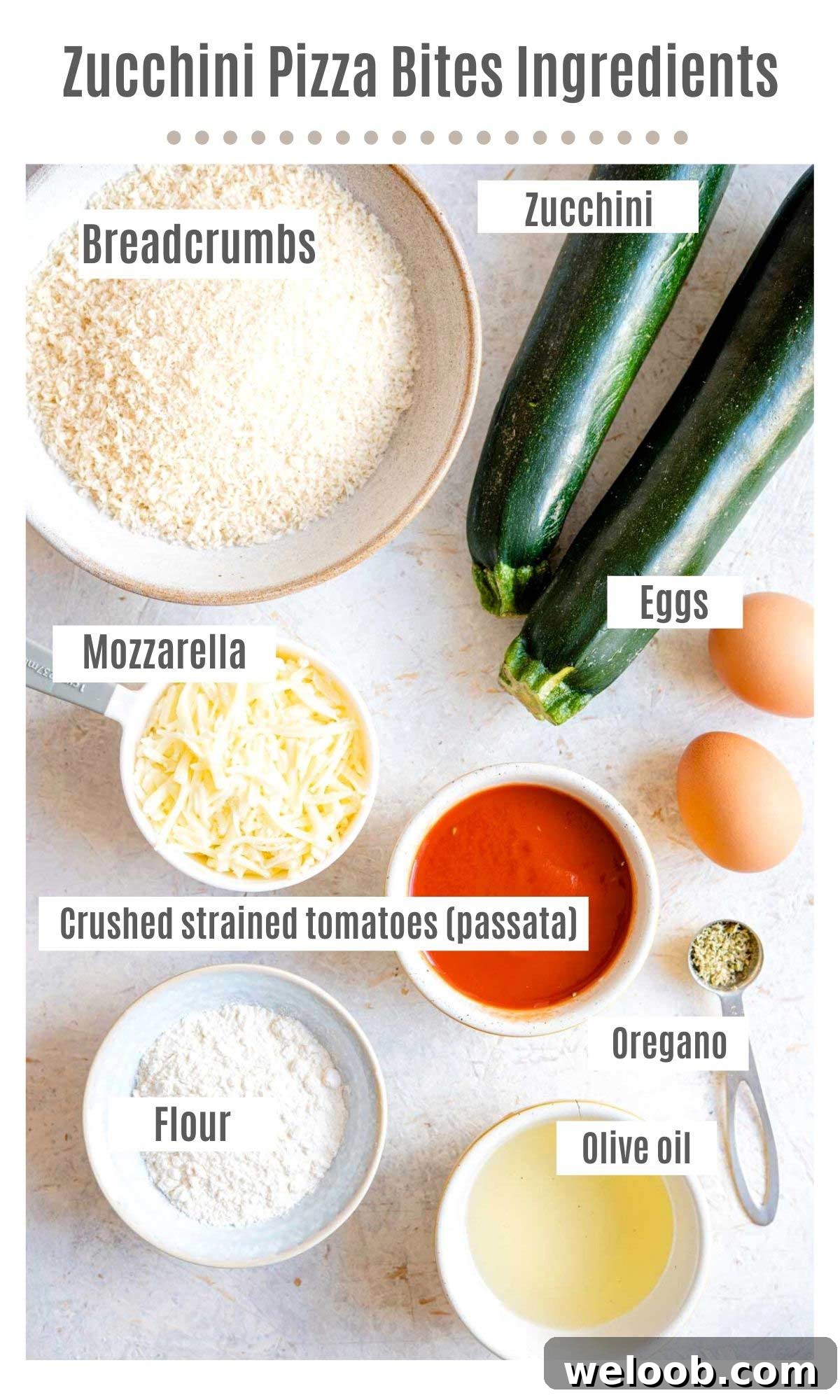 An overhead shot of all the ingredients you need to make zucchini pizza bites