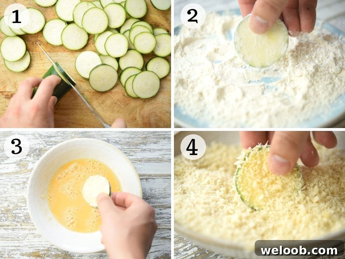 Step by step photos showing how to bread rounds of zucchini