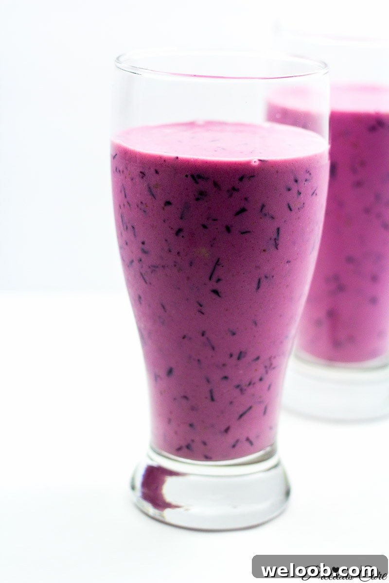 Two tall glasses of purple smoothie.