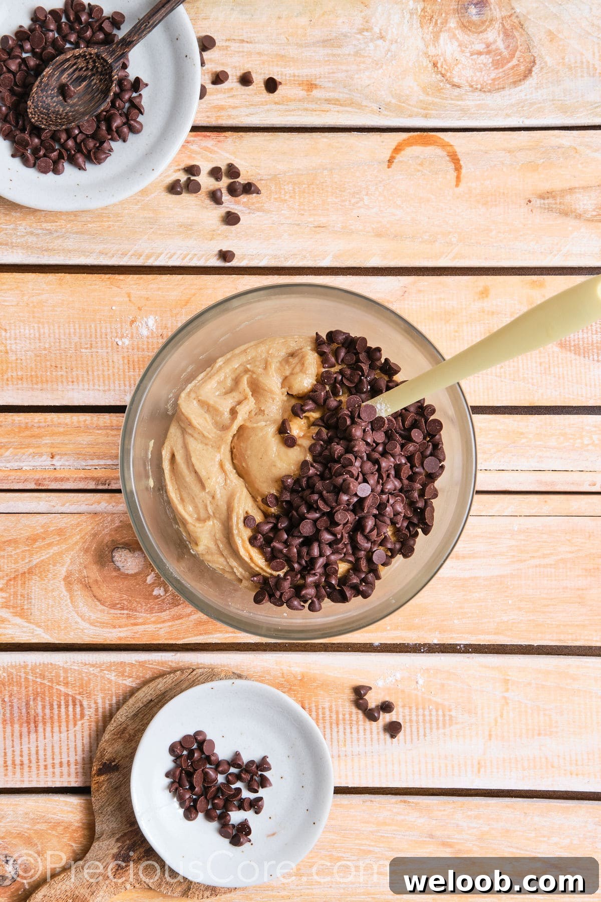adding chocolate chips to the cookie dough mixture in a bowl. 
