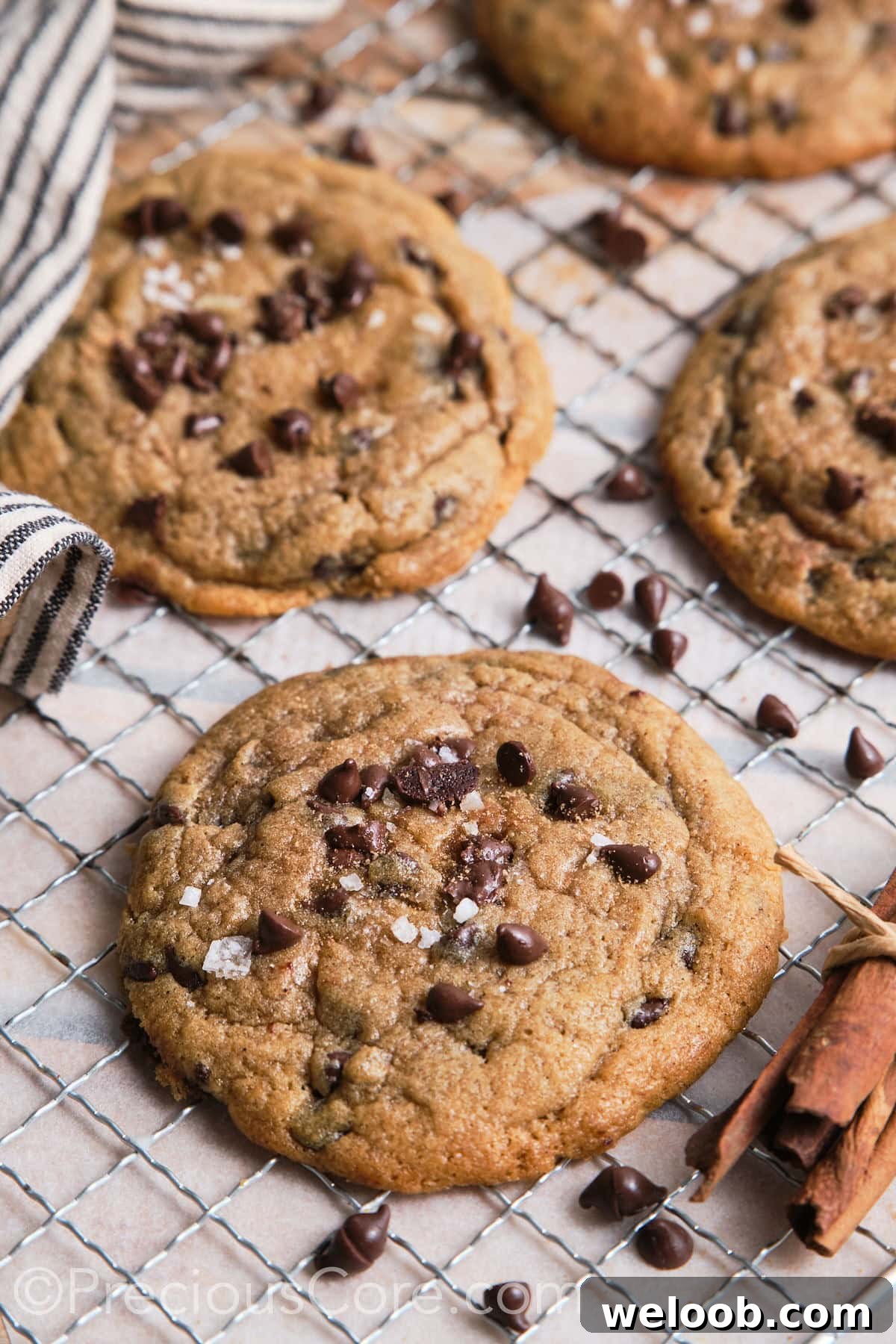 Crispy and chewy chocolate chip cookies with flaky sea salt.