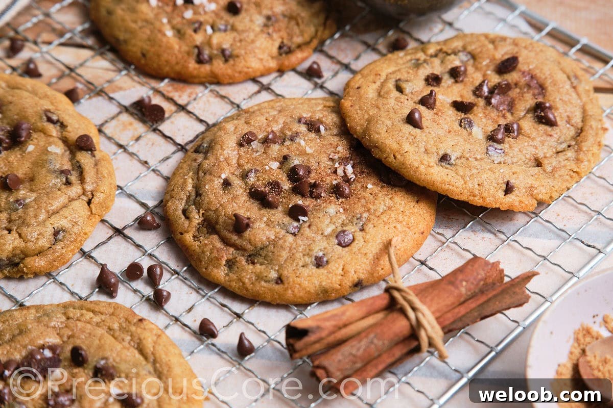 Landscape image of large cookies topped with chocolate chips.