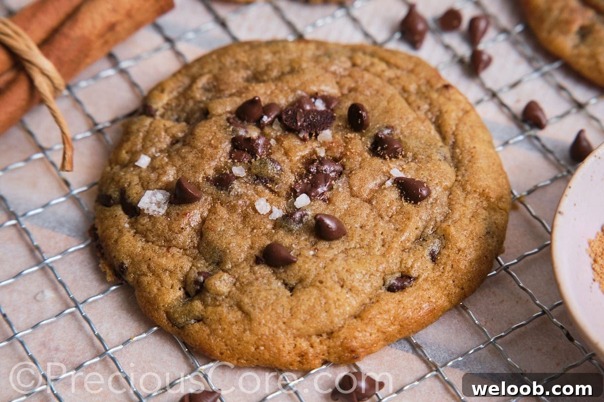 Close up of a large cookie topped with chocolate chips and see salt.
