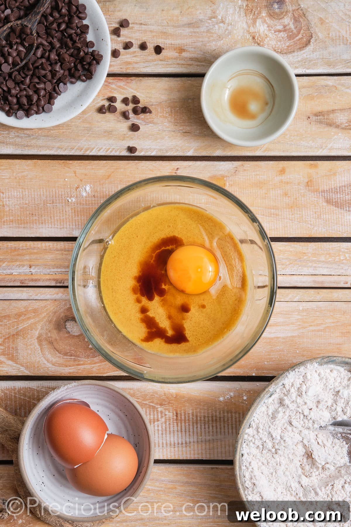 Adding egg and vanilla to the creamed butter and sugar mixture in a bowl. 