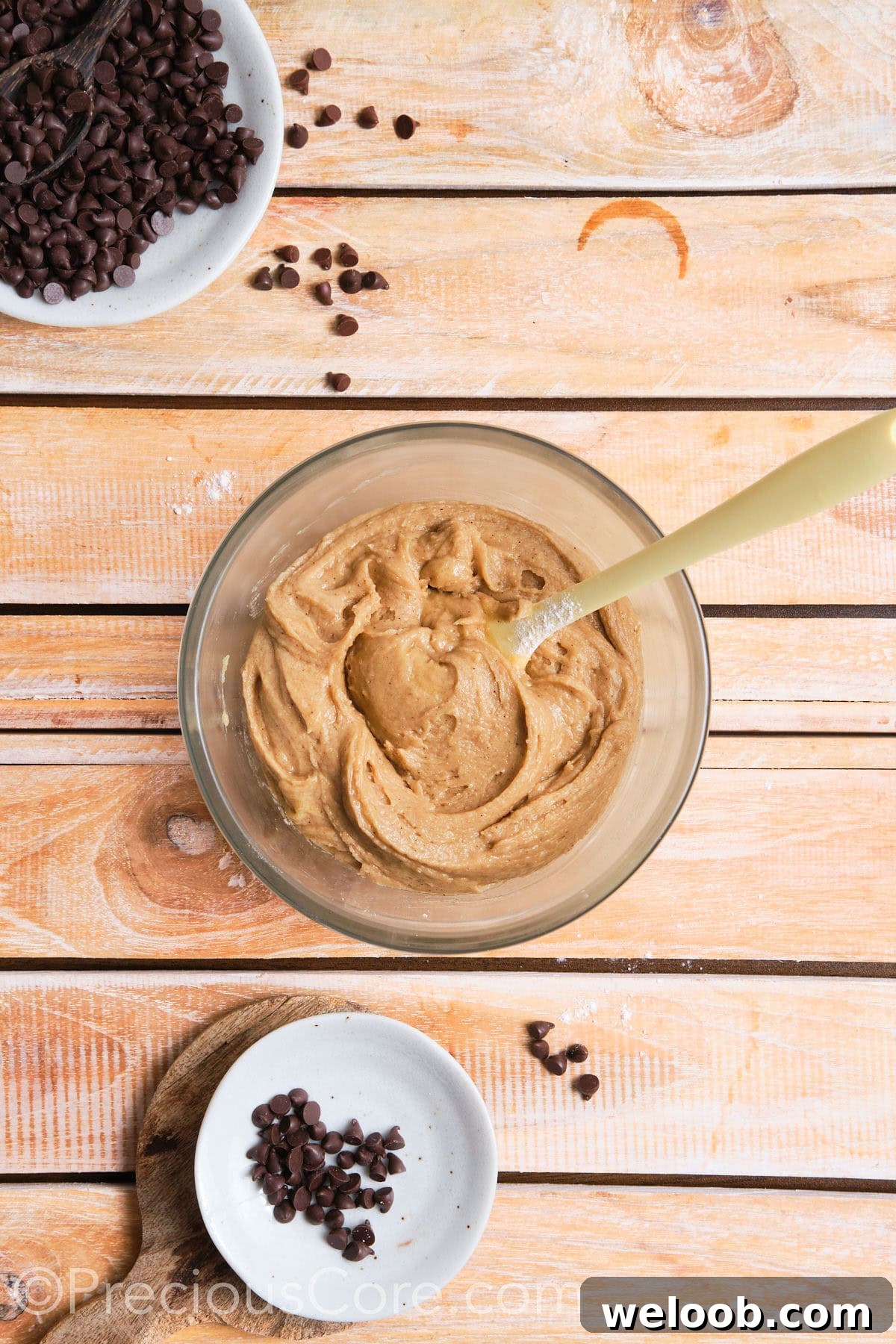 combining the wet and dry ingredients for the cookies in a bowl. 