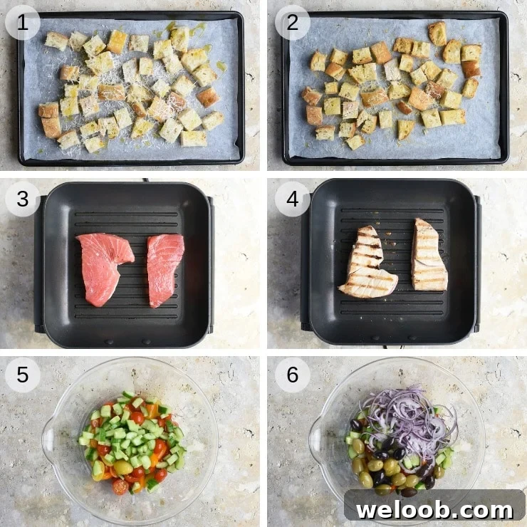 Step by step photos for making a tuna panzanella salad with tuna steaks