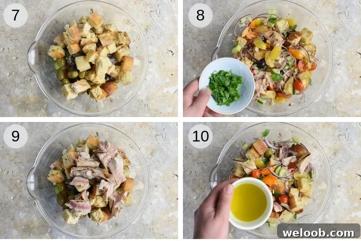 Step by step photos for making a tuna panzanella salad