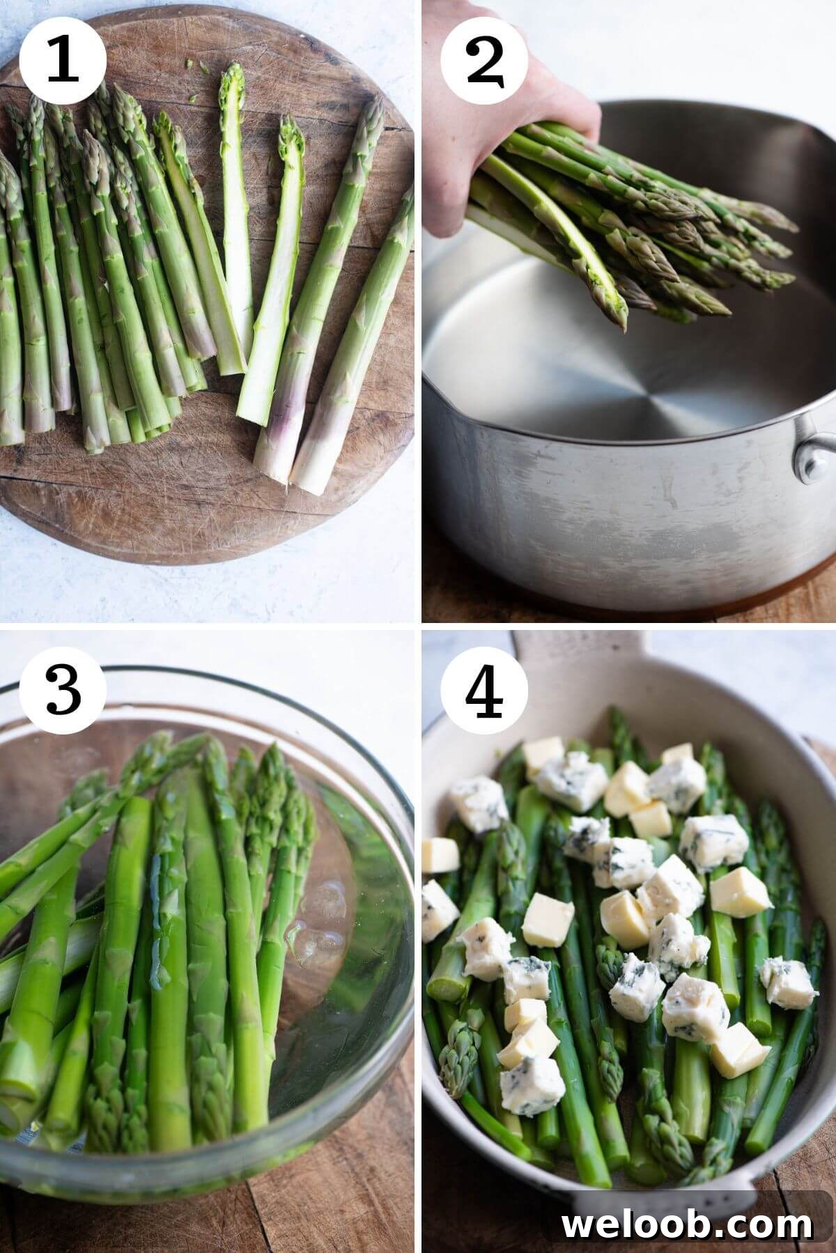 Four photos in a collage showing how to prepare and roast asparagus with Gorgonzola cheese.