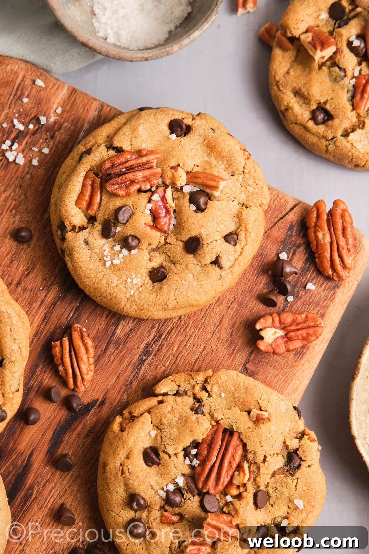 Brown butter pecan cookies sprinkled with flaky sea salt.