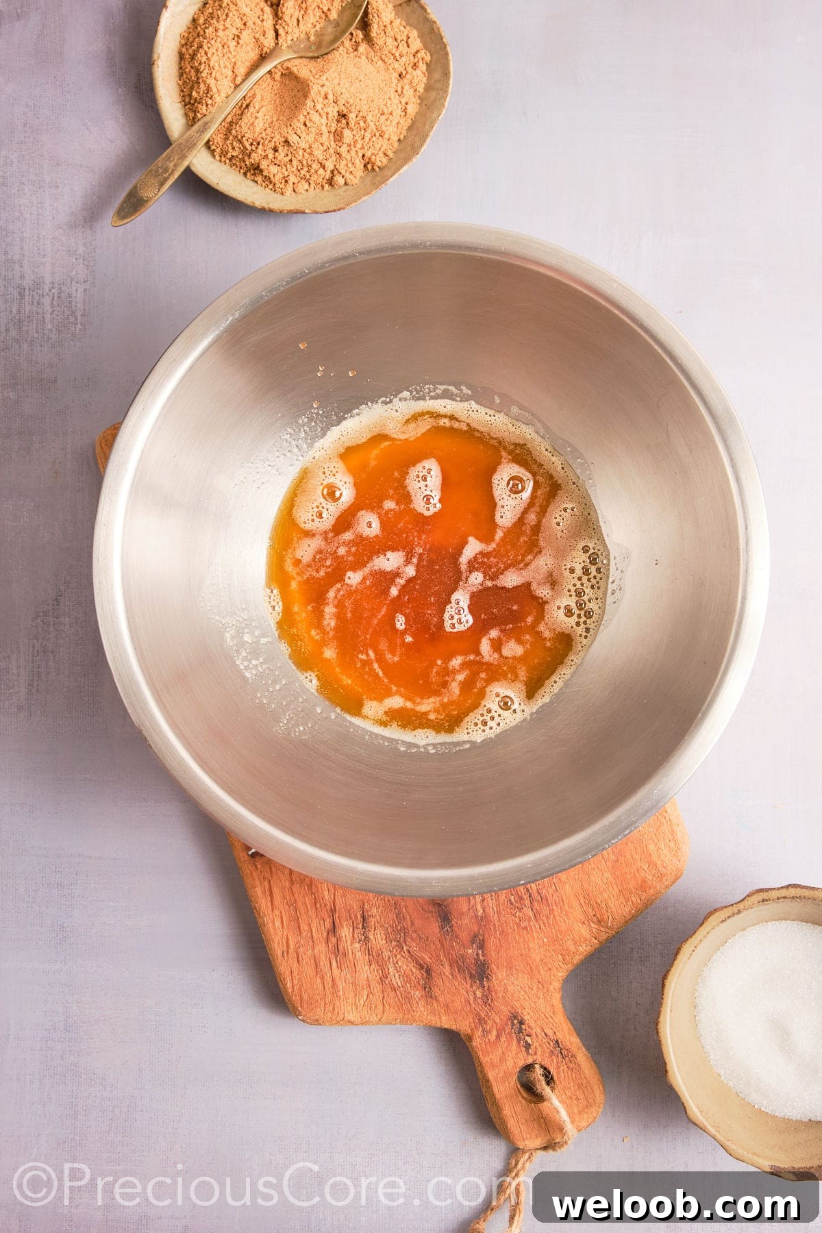 Brown butter in a large bowl, cooling down.