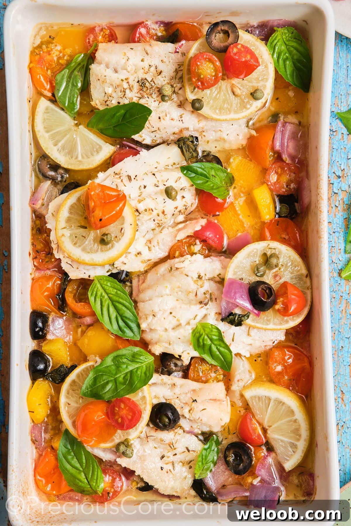 baking dish with Mediterranean baked fish. 