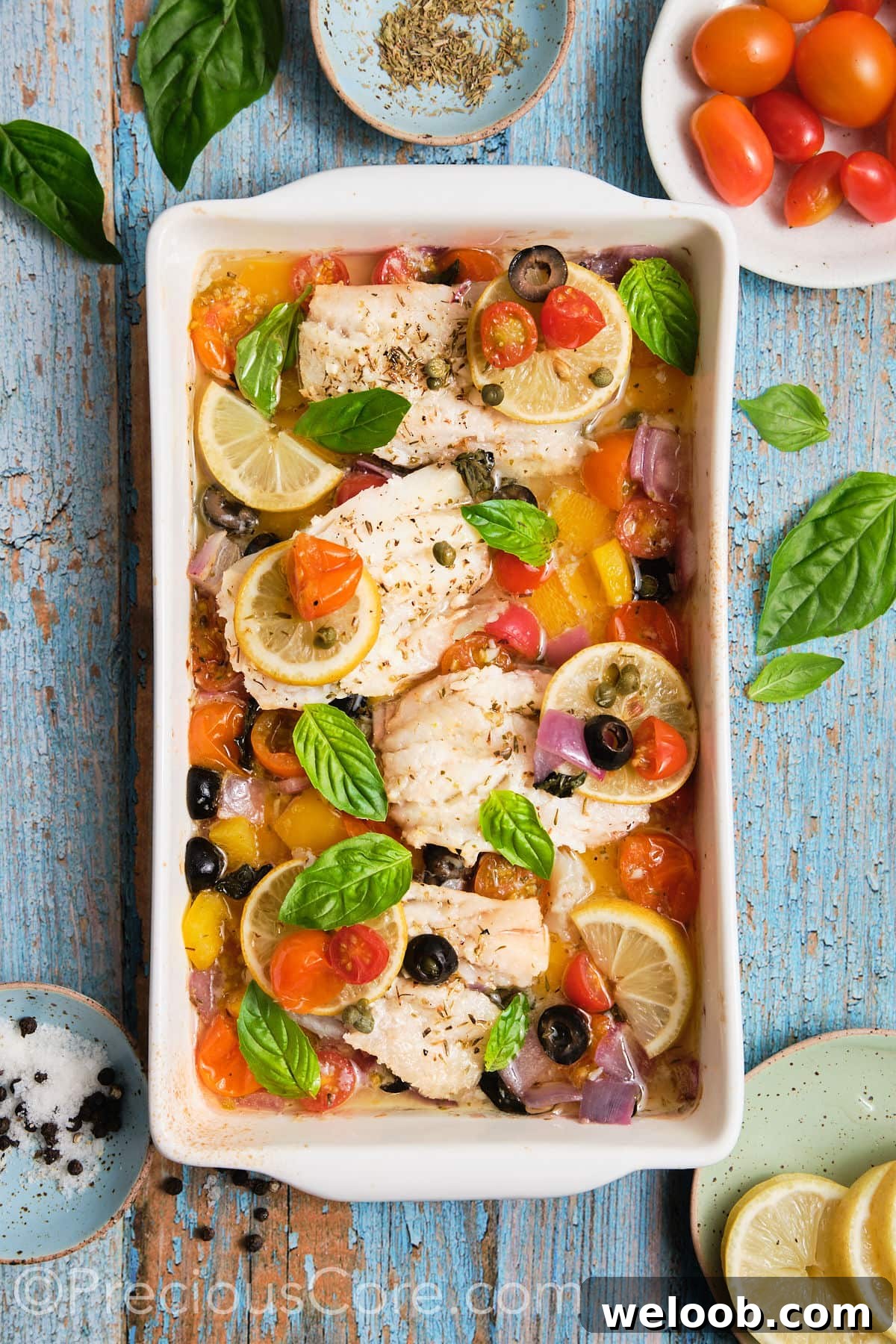 Mediterranean baked fish with veggies in a pan. 