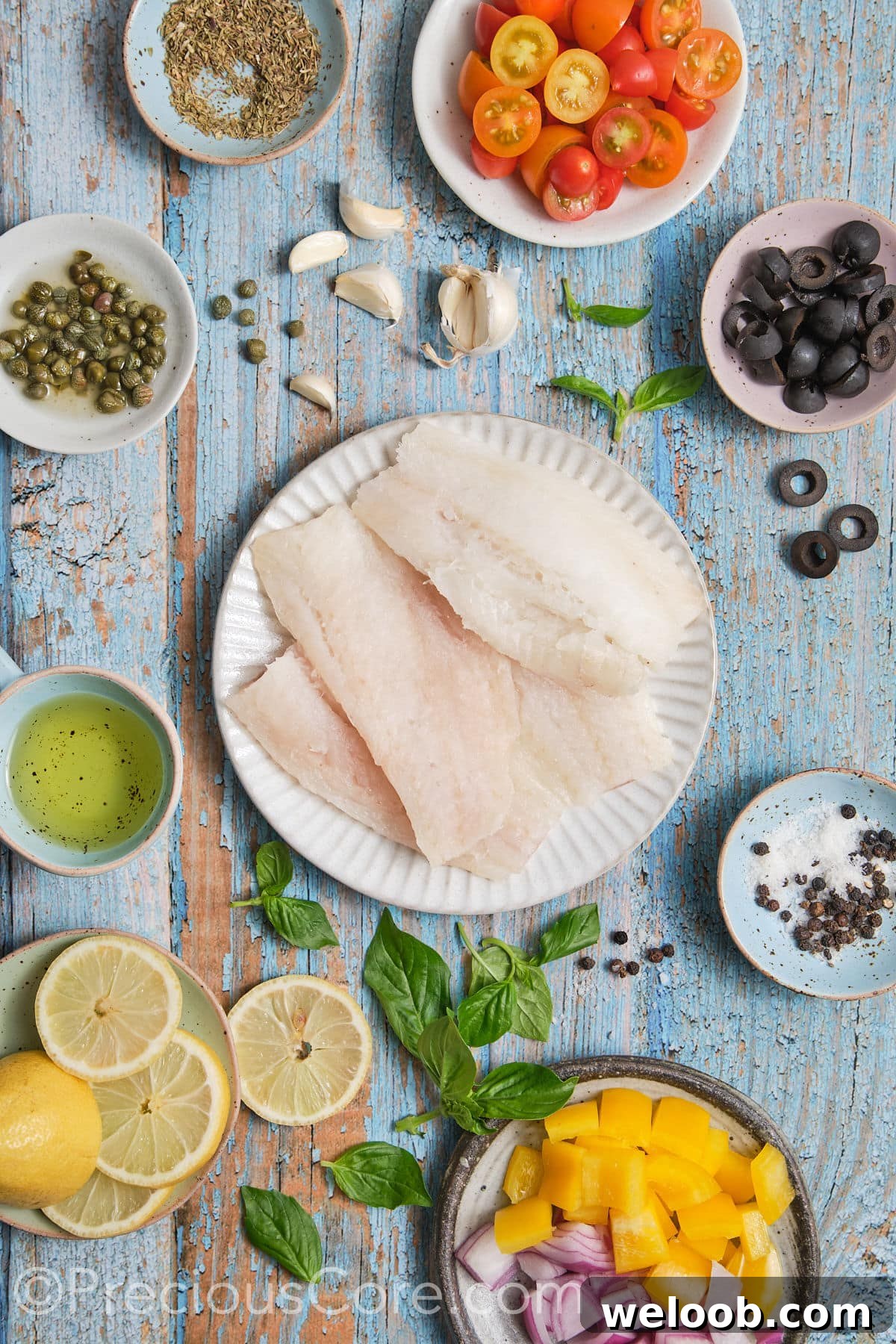 ingredients for the baked Mediterranean fish recipe. 