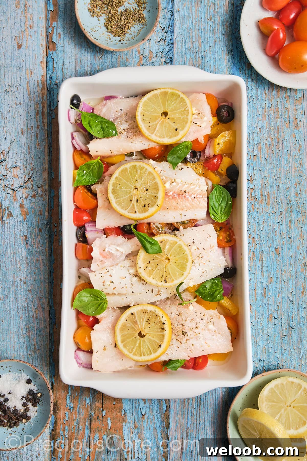 Baking dish filled with chopped veggies, marinated fish and lemon slices. 