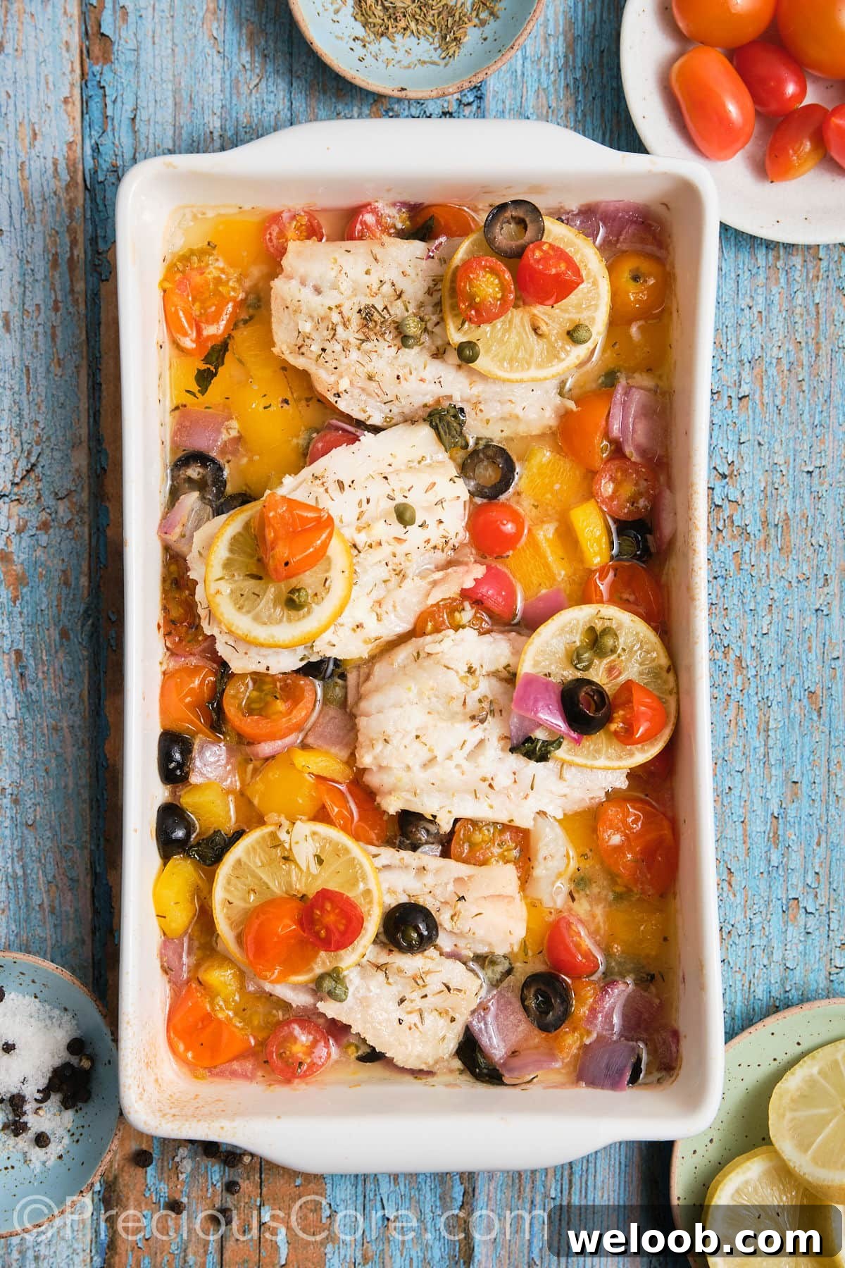 Baked Mediterranean fish and veggies in a pan. 