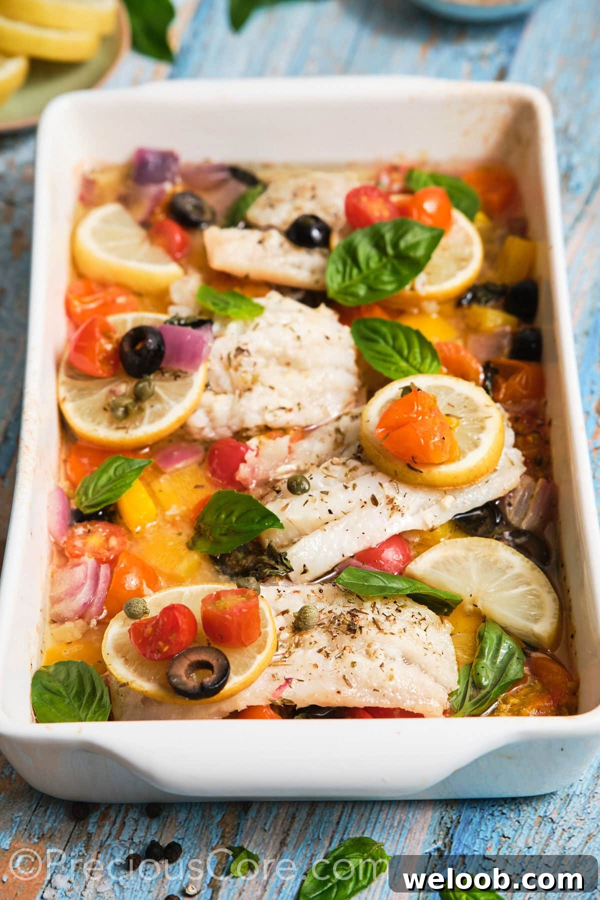 Closeup of baked Mediterranean fish in a pan. 