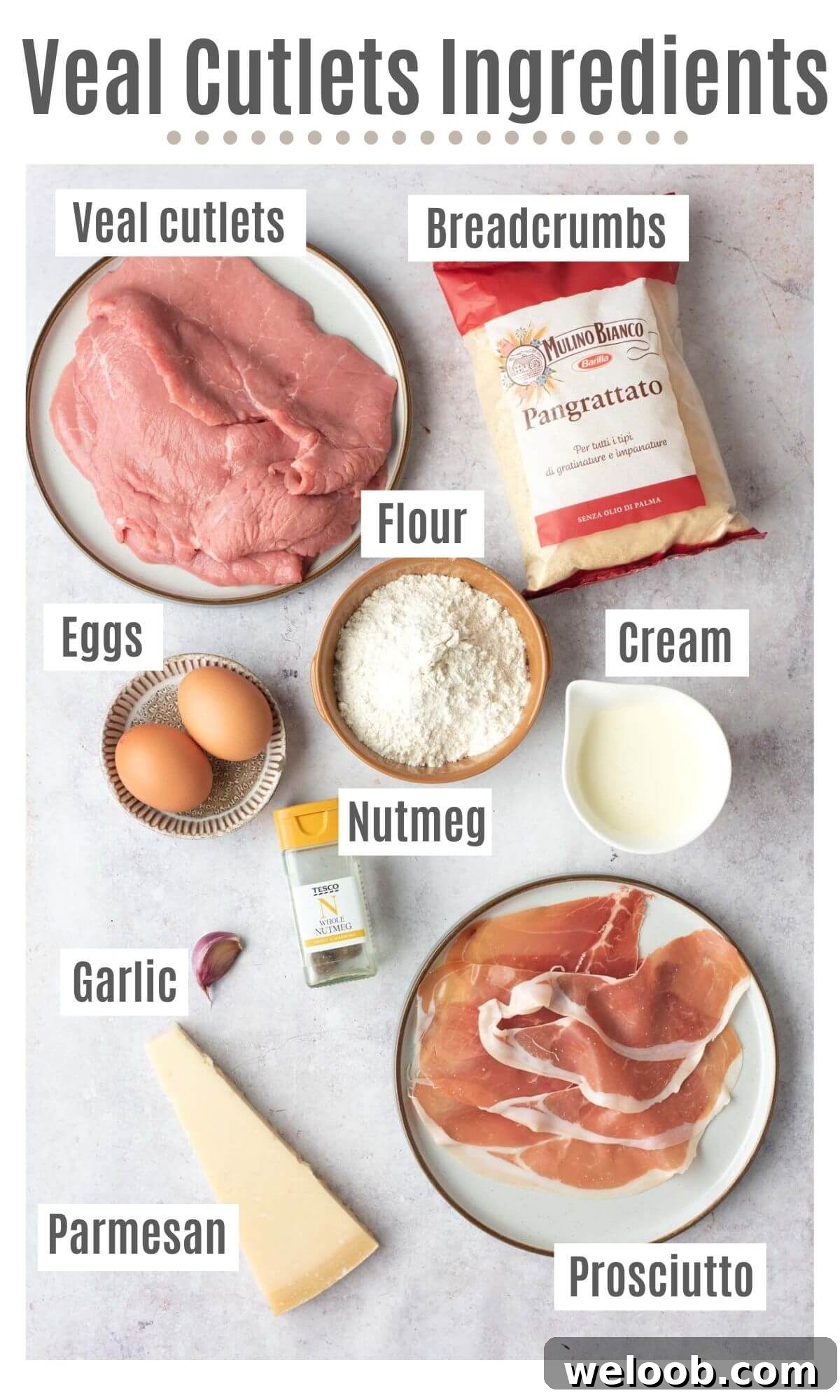 An overhead shot of all the ingredients you need to make veal cutlets with prosciutto and parmesan cream