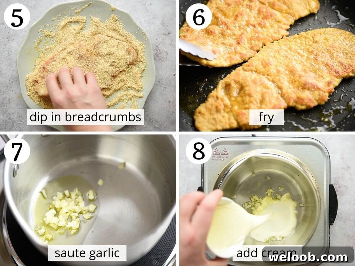 Step by step photos showing how to make parmesan cream sauce and fry veal cutlets