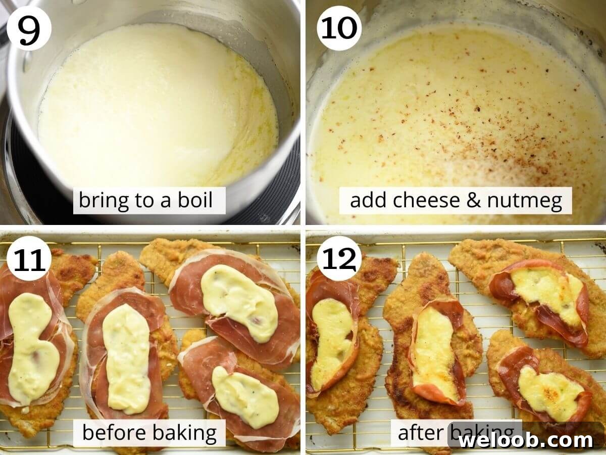 Step by step photos showing the veal cutlets before and after baking