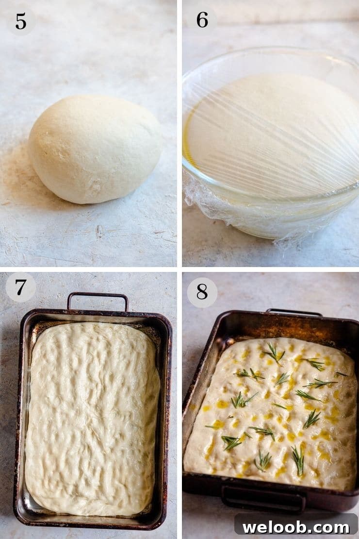 Step by step photos for rolling our rosemary focaccia