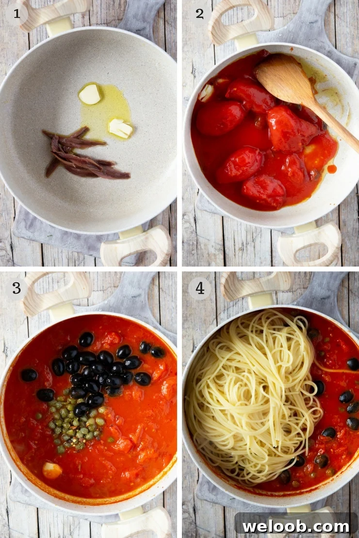 Step by step photos for making spaghetti with puttanesca sauce