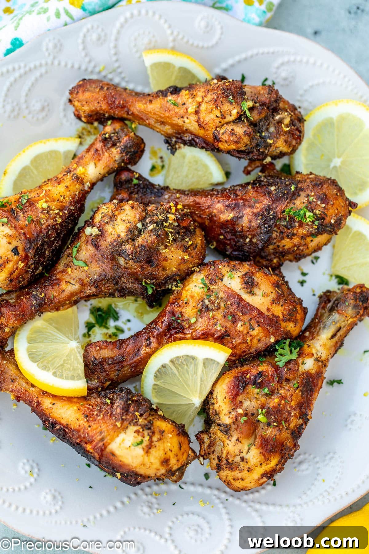 Cooked lemon pepper drumsticks on a white plate.