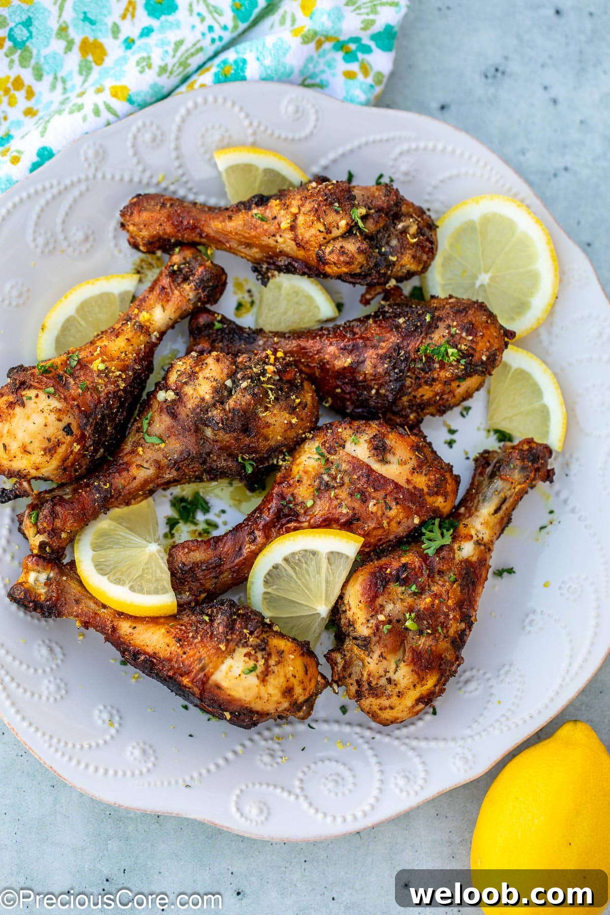 Cooked lemon pepper chicken garnished with parsley and lemon slices.